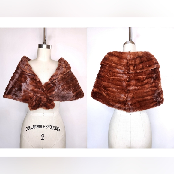 VTG Mink Fur Stole Cape Capelet Wrap Shawl w/Fold In & PomPom Fur Detail 40s 50s